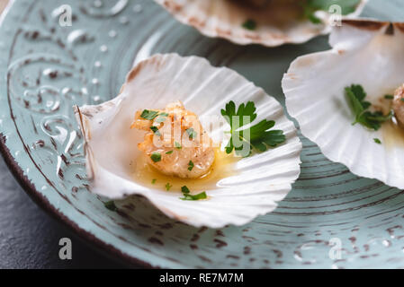 Capesante scottate shell con burro e aglio e prezzemolo. Foto Stock