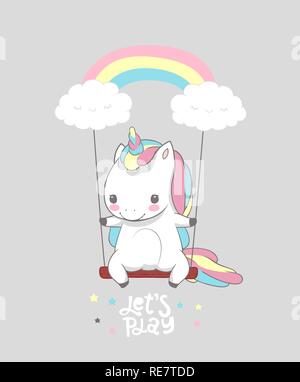 Carino Baby Unicorn Swing Rainbow Stampa poster. Mattina ispirazione motivazionale giocare resto vivaio Poster Design può essere usata per t-shirt stampa, usura kids fashion design, baby doccia scheda di invito Illustrazione Vettoriale