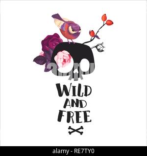 Wild e privo di scritte. Illustrazione di Moda con il Cartoon carino cranio Bird e la fioritura di rose sullo sfondo. Potrebbe essere usato come T-shirt, stampa inviti, carte. Illustrazione Vettoriale
