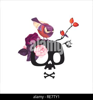 Cartoon cranio decorato con fiori di rosa e un po' di bird seduta su di esso. Cranio stilizzato, t-shirt stampa, cranio segno, adolescente stampa di arte, design della scheda. Illustrazione Vettoriale. Isolato Illustrazione Vettoriale
