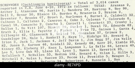 . Cooperativa economica relazione di insetti. Pesti di insetto di controllare gli Stati Uniti periodici. Nel giorno, Monroe, Oktobbeh Noxubee pulcino.--e^ee^unt ies . (Spade, Robinson). FLORIDA Aduixs , tr-ated L Biancospino*. Alac.ua Count,^^f-^f arLfvfl^^M^CounytyCabout ionico 7 Lyl un ter di trattamento. (Testa). VIRGINIA - in media 23 per animale in allevamento non trattate di bovini da carne in Montgomery County Giugno 2. (Roberts). PENNSYLVANIA - media di 75 per 20 Holstein giovenche a Greenville, Mercer County. (Ode). Zanzare - Maine - Aedes spp. emergere in aumento. Recente forte buo^uhu!, vexans in molte aree. Adulti ^merglfg! Sal ). Foto Stock