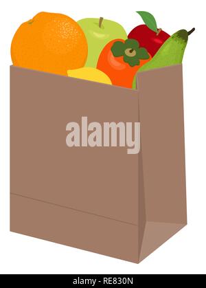 Sacchetto di carta di diversa della salute alimentare isolati su sfondo bianco. Negozio di generi alimentari in un sacchetto di carta e la frutta nel sacchetto di carta. Illustrazione Vettoriale. Illustrazione Vettoriale