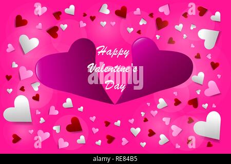 Segno Buon San Valentino vettore con due piegate Cuori rosa e un sacco di cuori intorno a. Tutto è in un quartiere alla moda di sfondo rosa. Illustrazione Vettoriale