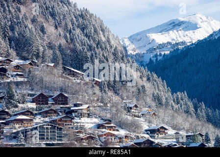 Sistemazioni in stile chalet nella neve con i boschi di pini sul pendio di una collina in Morzine Haute Savoie Portes du Soleil Francia Foto Stock