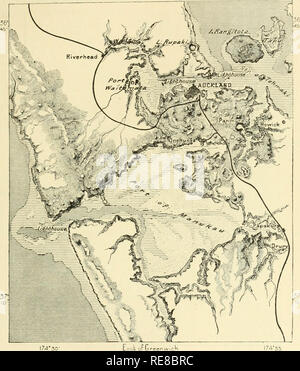 . La terra e i suoi abitanti ... La geografia. TOPOGEAPHY DELLA NUOVA ZELANDA. 449 Russell, sulla Baia delle Isole. Originariamente è stata scelta come capitale di tutto l'arcipelago, e anche se privi di questa dignità, è rimasto il laro-est, città con una popolazione di oltre sessantamila, compresi i sobborghi ; qui è anche il capo dell università di Colonia. Auckland deve la sua importanza alla sua Fig. 193.-Auckland. Scala 1: 550.000.. 174-30 ho74-55 profondità. Sands esposti in acque basse. 0A32 piedi. 32 piedi e verso l'alto. Dodici miglia. ammirevole posizione sul lato sud dell'eccellente e approfondita Foto Stock