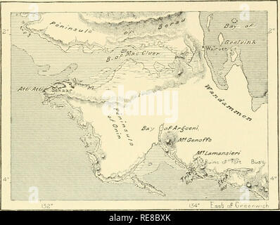 . La terra e i suoi abitanti ... La geografia. FEATUEES FISICA DELLA NUOVA GUINEA. 299 veyed, grazie jDartly al proxiinity dell Australia e in parte al più con- tracted forma di questa regione, rendendolo accessibile per gli esploratori che penetrano nell'entroterra di entrambe le coste. Qui le highlands giacente nel territorio annesso al British possedimenti coloniali hanno ricevuto nomi in inglese. Il nord-ovest della catena, sotto lo stesso meridiano come la Finisterre highlands, inizia Avith Albert gamma, seguita a sud-est da monta Yule (10.000 piedi) e Owen Stanley (13,200 piedi). Questo twin-crested mo Foto Stock