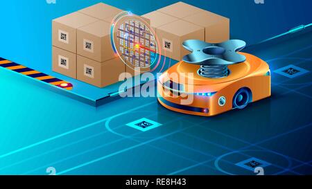 Robot autonomo, guidati dall'intelligenza artificiale sul magazzino automatizzato. Smart Drone distribuisce i pacchi nel centro logistico. Automated Set completo sul magazzino moderno. Illustrazione Vettoriale