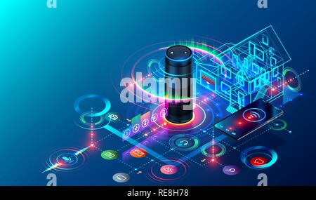 IOT tecnologia isometrica concetto. Smart Speaker riconosce i comandi vocali e i controlli di sistema Smart Home. Il telefono comunica con tutti i dispositivi di internet delle cose tramite connessione wireless. Illustrazione Vettoriale