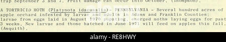 . Cooperativa economica relazione di insetti. Insetti Utili; pesti di insetto. 673 frutti decidui e dadi verme APPLE (Rhagoletis pomonella) - Michigan - in calo; ancora minaccia alla fine- frutta raccolta. Verme notevole pregiudizio riscontrato. Proteggere late- maturando varietà. (Thompson). Europeo di acaro rosso (Panonychus ulmi) - Michigan - molte aree meridionali turbato da tutti gli stadi. Le condizioni climatiche favoriscono la riproduzione e lo sviluppo. Edificio di popolazioni e causato gravi bronzage a fogliame. Siccità e acari pregiudizio combinati per produrre una prematura caduta di foglia in alcuni casi. Di svernamento e Foto Stock