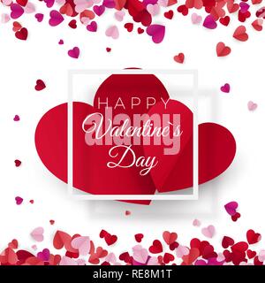Il giorno di San Valentino cartolina. Due grandi cuori nella cornice bianca con testo - Happy Valentines Day. Febbraio 14 holiday. Sito web banner con congratulazioni. Vec Illustrazione Vettoriale