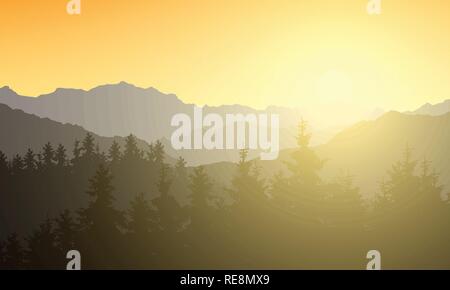 Illustrazione realistica di un paesaggio di montagna con una foresta. Sole che splende con sole e raggi sotto la mattina giallo arancione sky - vettore Illustrazione Vettoriale