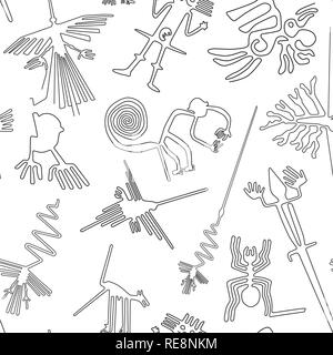 Vector seamless pattern, linee di Nazca creature dal deserto di Nazca in Perù Illustrazione Vettoriale