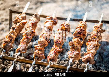 Cuocere carne spiedini shish kebab spiedini sul barbecue grill barbecue all'aperto in estate la natura park in Ucraina o Russia sulla giornata soleggiata con fumo Foto Stock