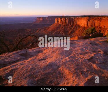 Stati Uniti d'America, Utah, il Parco Nazionale di Canyonlands, vista al tramonto verso il bacino di Murphy e distante candelabro Tower, dal Grand View Point, Island in the Sky. Foto Stock