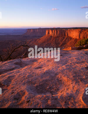 Stati Uniti d'America, Utah, il Parco Nazionale di Canyonlands, vista al tramonto verso il bacino di Murphy e distante candelabro Tower, dal Grand View Point, Island in the Sky. Foto Stock