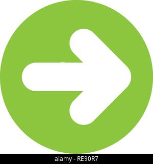 A destra bianco (successivo) freccia bianca in un cerchio verde, icona del web. Isolato su sfondo bianco. Illustrazione vettoriale EPS10. Illustrazione Vettoriale
