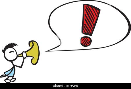 Stick uomo che fa un grande punto esclamativo in un discorso bolla con una tromba. Illustrazione Vettoriale