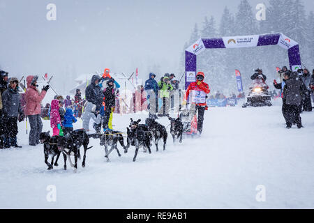 L'inizio del La Grande Odyssée Savoie Mont Blanc Sled Dog Race, Praz de Lys Sommand, Auvergne-Rhône-Alpes, Francia Foto Stock