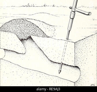 . Il controllo del campo di roditori in California fattorie. I roditori. 12 - accoppiamento o Fig. 7. Sonda per la individuazione di pocket gopher gallerie per inserire esche avvelenate. L'albero può essere in pezzo unico o divise da un accoppiamento di tubo per convenienza nel trasporto quando non è in uso. apertura ruotando la sonda o mediante la sua estremità più grande, e quindi cadere in un pezzo o due di esche avvelenate. Mettere delle esche in ciascun tunnel a due leggermente luoghi separati e quindi chiudere il foro con il tacco. Come procede il lavoro, tramp giù o kick off le cime di tutti i tumuli in modo tale che nuovi tumuli realizzato da sopravvivere i gopher ran essere facilmente visto e additio Foto Stock