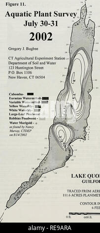 . Controllo della cabomba, Eurasian achillea e ninfee nel lago Quonnipaug con erbicidi e hydroraking, 2002. Nymphaeaceae; Eurasian watermilfoil; erbe infestanti; erbicidi acquatici; Cabomba caroliniana. Controllo della Cabomba Eurasian achillea e ninfee nel lago Quonnipaug con erbicidi e Hy droraking 2002 11. Figura 11. i. Pianta acquatica sondaggio, 30-31 luglio 2002 Gregory J. Bugbee CT Stazione di Esperimento Agricola Dipartimento di suolo e acqua 123 Huntington Street P.O. Box 1106 New Haven, CT 06504 Cabomba- â H Eurasian Watermilfoil Watermilfoil variabile- Giallo Waterliiy- m bianco VVaterlil Foto Stock