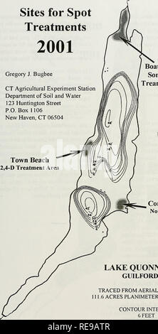 . Controllo della cabomba e Eurasian achillea nel lago Quonnipaug con fluridone e 2, 4-D, 2001. Nymphaeaceae; Eurasian watermilfoil; erbe infestanti; erbicidi acquatici; Cabomba caroliniana. Controllo della Cabomba e achillea nel lago Quonnipaug con Fluridone e 2,4-D 2001 Siti per trattamenti di Spot Gregory J. Bugbee CT Stazione di Esperimento Agricola Dipartimento di suolo e acqua 123 Huntington Street P.O.Box 1106 New Haven, CT 06504. Spiaggia cittadina 2,4-D'Area di trattamento 1 N Barca Sonar di lancio SRP Area di trattamento / Area di controllo Nessun trattamento LAGO QUONNIPAUG GUILFORD, CT tracciata dal rilievo aereo Mappa 111.6 acro Foto Stock