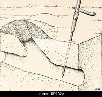 . Campo di controllo di roditori in California. Mammiferi; roditori. Fig. 15. Uso di sonda per immissione pocket gopher esche; quando spinta nel terreno, se la sonda scende improvvisamente a circa 2 pollici e un tunnel principale è stato localizzato; poi il foro di sonda è resa sufficientemente grande per inserire un esche avvelenate. Questa sonda è in grado di trattare diverse centinaia di fori, su quanto 40 acri, in un solo giorno. La sonda è il più semplice da usare quando il terreno è umido e soffice fino al livello delle principali gallerie e meno facile quando il suolo è duro. È insoddisfacente in sabbia. In suolo di adobe che spacca quando asciutto, la sonda scende come ea Foto Stock