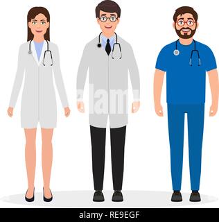 I medici vestito in uniforme medica, due uomini e una donna caratteri in stile appartamento, illustrazione vettoriale Illustrazione Vettoriale
