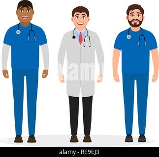 I medici vestito in uniforme medica, felice di tre caratteri in stile appartamento, illustrazione vettoriale Illustrazione Vettoriale
