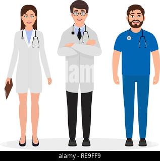 I medici vestito in uniforme medica, due uomini e una donna caratteri in stile appartamento, occupazione professionale illustrazione vettoriale Illustrazione Vettoriale