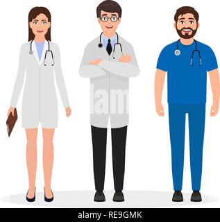 I medici vestito in uniforme medica, due uomini e una donna caratteri in stile appartamento, occupazione professionale illustrazione vettoriale Illustrazione Vettoriale