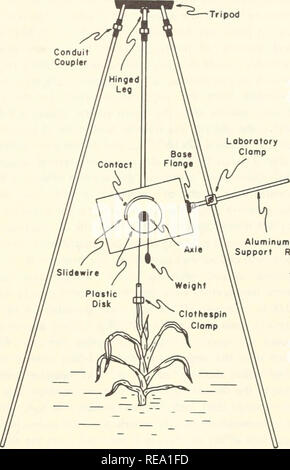 . Costruzione di un sensore per la registrazione in continuo la variazione in altezza delle piante nel campo. Piano di monitoraggio della crescita. tf COSTRUZIONE DI UN SENSORE PER LA REGISTRAZIONE IN CONTINUO LA VARIAZIONE IN ALTEZZA DELLE PIANTE NEL CAMPO Wendell C. Johnson e Ronald G. davfs2 diurna di fluttuazioni del tasso di crescita delle superfici irrigate del sorgo e del frumento sono stati riportati in precedenza.3'4 per ottenere i dati relativi a queste pubblicazioni, un sensore di altezza è stato usato in combinazione con il registratore a nastro. Questa pubblicazione descrive la costruzione di questa altezza- strumento di rilevazione. La figura 1 illustra i componenti di base dell'altezza sen Foto Stock