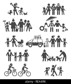 Vita Felice di pittogrammi. La famiglia felice, i genitori con bambini in vacanza, nonni e nipoti, bambini con bike e cane, illustrazione vettoriale Illustrazione Vettoriale