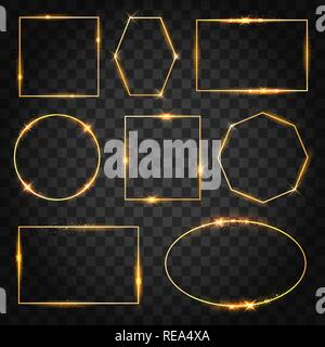 Oro telai ad incandescenza. Brillantini dorati set di frame, la magia della luce incandescente lucido rettangolo e bordi curvi isolato su sfondo trasparente, vettore illustr Illustrazione Vettoriale