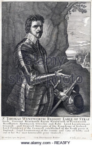 Thomas Wentworth ritratto, 1° Conte di Strafford, 1593 - 1641, era un statista inglese e una figura importante nel periodo che ha preceduto la guerra civile inglese. Ha servito in Parlamento ed è stato un sostenitore del re Carlo I. attacco mediante incisore boemo Wenceslaus Hollar da 1640 Foto Stock