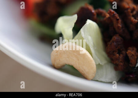 Foto macro di una deliziosa casa insalata. Questa insalata sana include alcune carni macinate, insalata, dadi, ananassi, peperoni rossi e più. Yum! Foto Stock