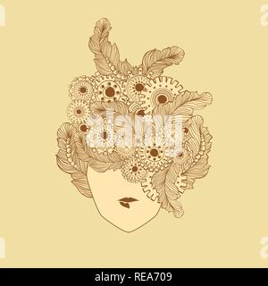Concept Art con stilizzata ladies capelli con piume e elementi tecnologici, marcia-ruote. Moda donna faccia. Può essere utilizzato per la Barberia, spa, negozio logo o design poster Illustrazione Vettoriale