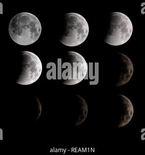 Super Lupo luna di sangue visibile da Widnes nelle prime ore di lunedì mattina vicino a Liverpool fino a quando la nebbia si stabilirono prima della totalità Foto Stock