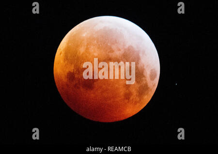 Laatzen, Germania. Xxi gen, 2019. Quando si oscurano la luna piena appare come una cosiddetta "sangue luna" e appare di colore rossastro. La luna, il sole e la terra sono esattamente in una linea durante un'eclisse lunare. Credito: Julian Stratenschulte/dpa/Alamy Live News Credito: dpa picture alliance/Alamy Live News Foto Stock