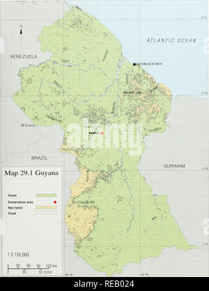 . L'Atlante di conservazione delle foreste tropicali: le Americhe. La Guyana. 281. Si prega di notare che queste immagini vengono estratte dalla pagina sottoposta a scansione di immagini che possono essere state migliorate digitalmente per la leggibilità - Colorazione e aspetto di queste illustrazioni potrebbero non perfettamente assomigliano al lavoro originale. Harcourt, C. S. , Sayer, J. A. , WCMC, CIFOR. IUCN Foto Stock