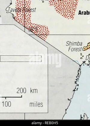 . L'Atlante di conservazione delle foreste tropicali: Africa. 2°S Chyulu TANZANIA Amboseli Ngai ••v??=??V^=/^SvJ^- Tsavo Est Tsavo West..-:";"; 34°e 36°E ^ ';:::'• -//'"^MSP^l^Miii^ Arabul&lt;o^okoi faM^st ° ^^W^ ^^^ftlvlalindi ^Ivlsf 'yw/i' Arabuko Soko1(e mappa 17.2 Kenya Rain Forest pianura montane' mangtove aree di conservazione esistente non Forest presi da mentre(1983) 1:5.000.000 0 100 0 50. INDIAN 4°S 200 km miglia Shimbaji,^/ Mombasa fo"s(fi*^Stiimba colline o [fiahi Forest OCEAN 40'E 42°e 154. Si prega di notare che queste immagini vengono estratte dalla pagina sottoposta a scansione di immagini che possono essere state enha digitalmente Foto Stock