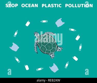 Illustrazione vettoriale di arresto in plastica oceano inquinamento. ecologia, la Giornata della Terra. Illustrazione Vettoriale