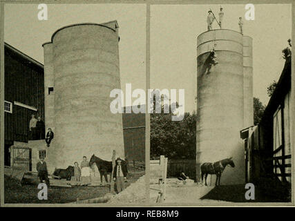 . Silos di cemento; un opuscolo di informazioni pratiche per l'agricoltore e imprenditore rurale. Calcestruzzo; insilato. UNIVERSAL Portland Cement Co. 43 Pranzo verso il basso nella parte superiore. L'imbarazzo strato deve egli ha gettato via e non dovrebbe mai essere portato vicino il granaio, ma dovrebbe essere oggetto di dumping nella fossa del letame o altro messo nel dispersore per letame e carted off immediatamente per i campi, come l'odore è sgradevole e la rovina materiale è inadatto per l'alimentazione. Uno alto e stretto di silo è meglio di due brevi, ampia quelli; primo, perché non vi è solo uno strato di sommità per il bottino e in secondo luogo in quanto il ritiro nel silo di alti Foto Stock