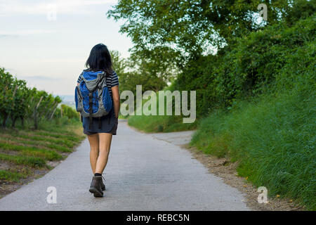 Un singolo giovane femmina con back pack e scarponi da trekking lungo una pista lungo vigneti. Foto Stock