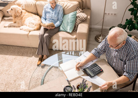 Angolo alto ritratto di uomo senior il riempimento di forme e di pagare le tasse mentre è seduto a tavola con donna anziana e cane seduti sul divano in background, Foto Stock