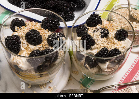 Cranachan, molto scottish dolce fatto con fiocchi di avena, more, il whisky e la panna montata in un bicchiere Foto Stock