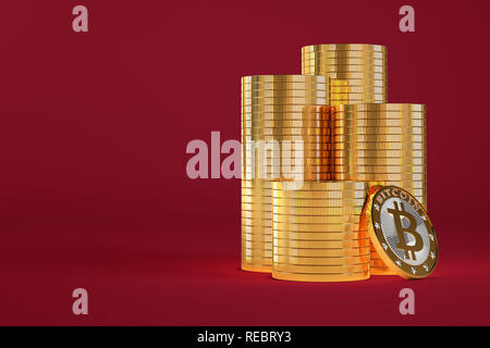 Pile di Golden Bitcoins - 3D Rendering Foto Stock