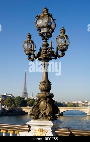 Pont Alexandre III, Alexander III Bridge, vista sul fiume Senna e dalla Torre Eiffel, Parigi, Francia, Europa Foto Stock