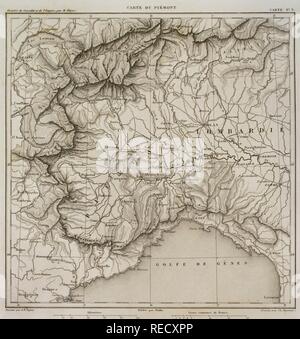 Mappa di Piedmontt, a nord-ovest dell'Italia. Atlas de l'Histoire du Consulat et de l'impero. La storia del consolato e l Impero di Francia sotto Napoleone da Marie Joseph Louis Adolphe Thiers (1797-1877). Disegni di Dufour, incisioni da Dyonnet. Edito in Parigi, 1864. Foto Stock