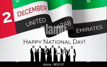 Felice giornata nazionale, Emirati arabi uniti, congratulazioni bandiera, banner e iscrizione, biglietto di auguri o un invito poster, simbolo di unione, vettore Illustrazione Vettoriale