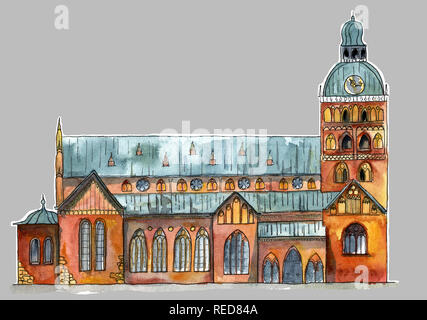 Disegnata a mano acquerello e inchiostro illustrazione della chiesa nella vecchia città europea. Design per i turisti merci, sfondi Foto Stock